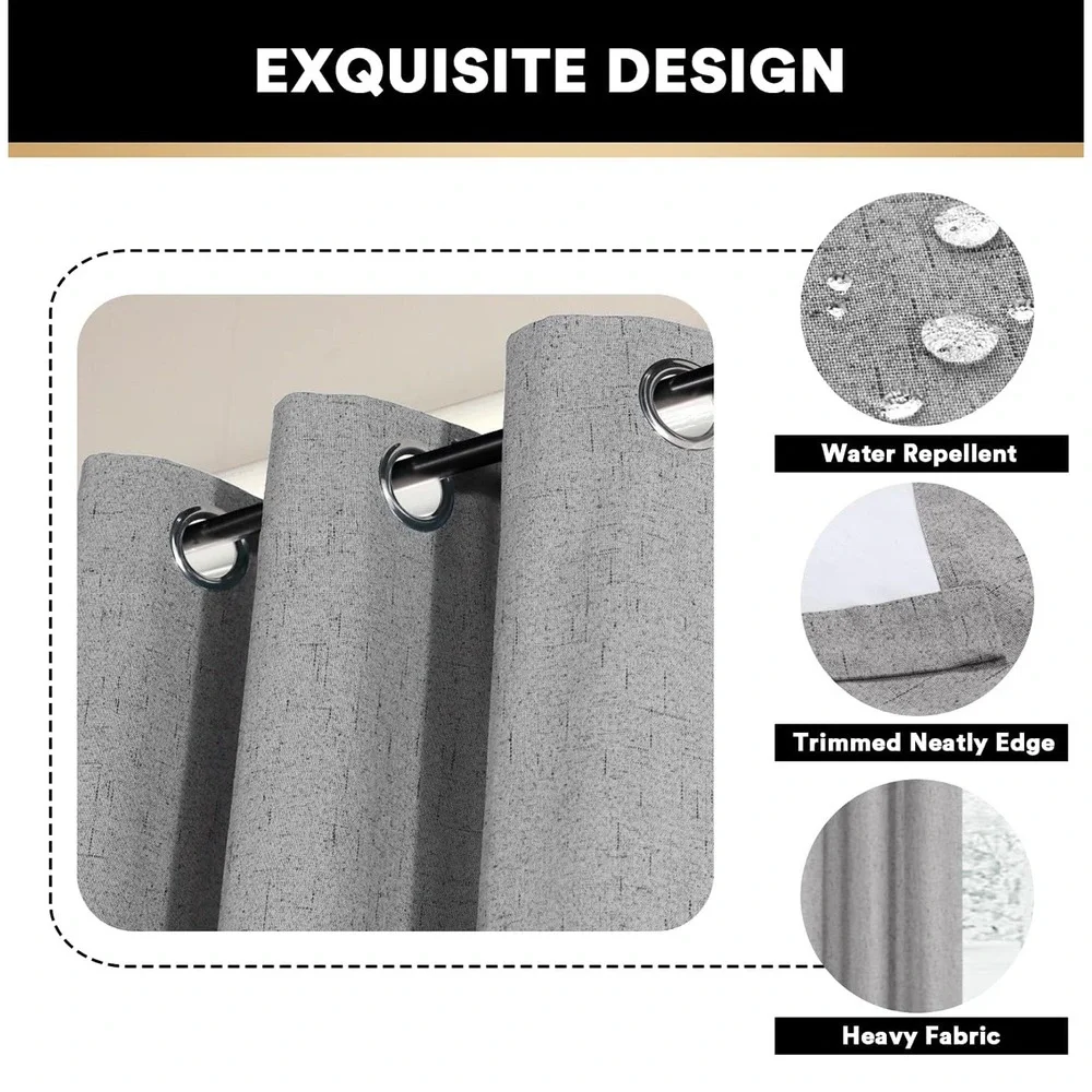 Blackout Grommet Curtains Thermal‎ Insulated Noise Reducing Faux Linen Gray 84